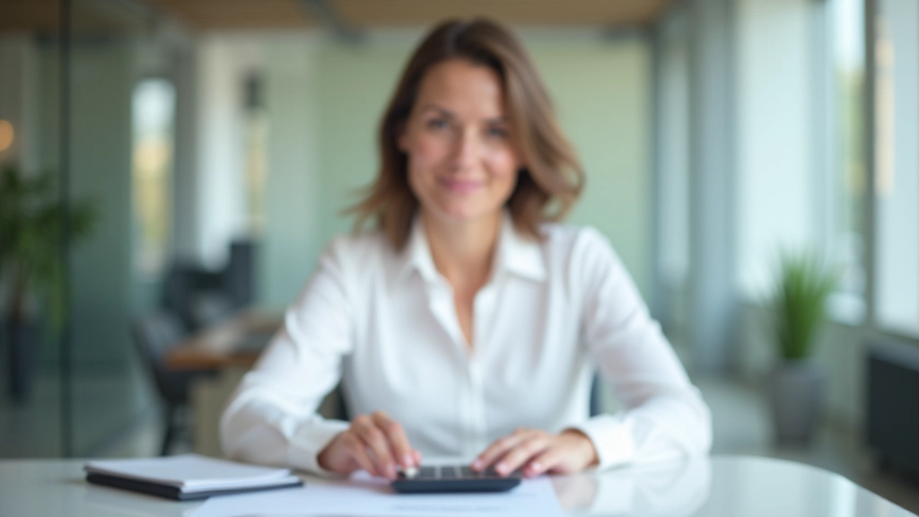 Geschäftsfrau am Schreibtisch mit Vertragsunterlagen, Stift und Taschenrechner, berät zu VL-Vertrag und Vermögensaufbau