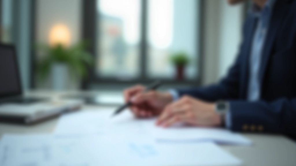 Person arbeitet am Schreibtisch mit Finanzunterlagen und Taschenrechner